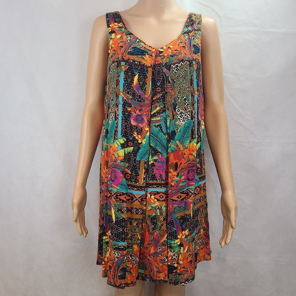 New Umgee Womens (S) Orange, Aqua, Green Vibrant Tropical Print Tunic Tank Dress